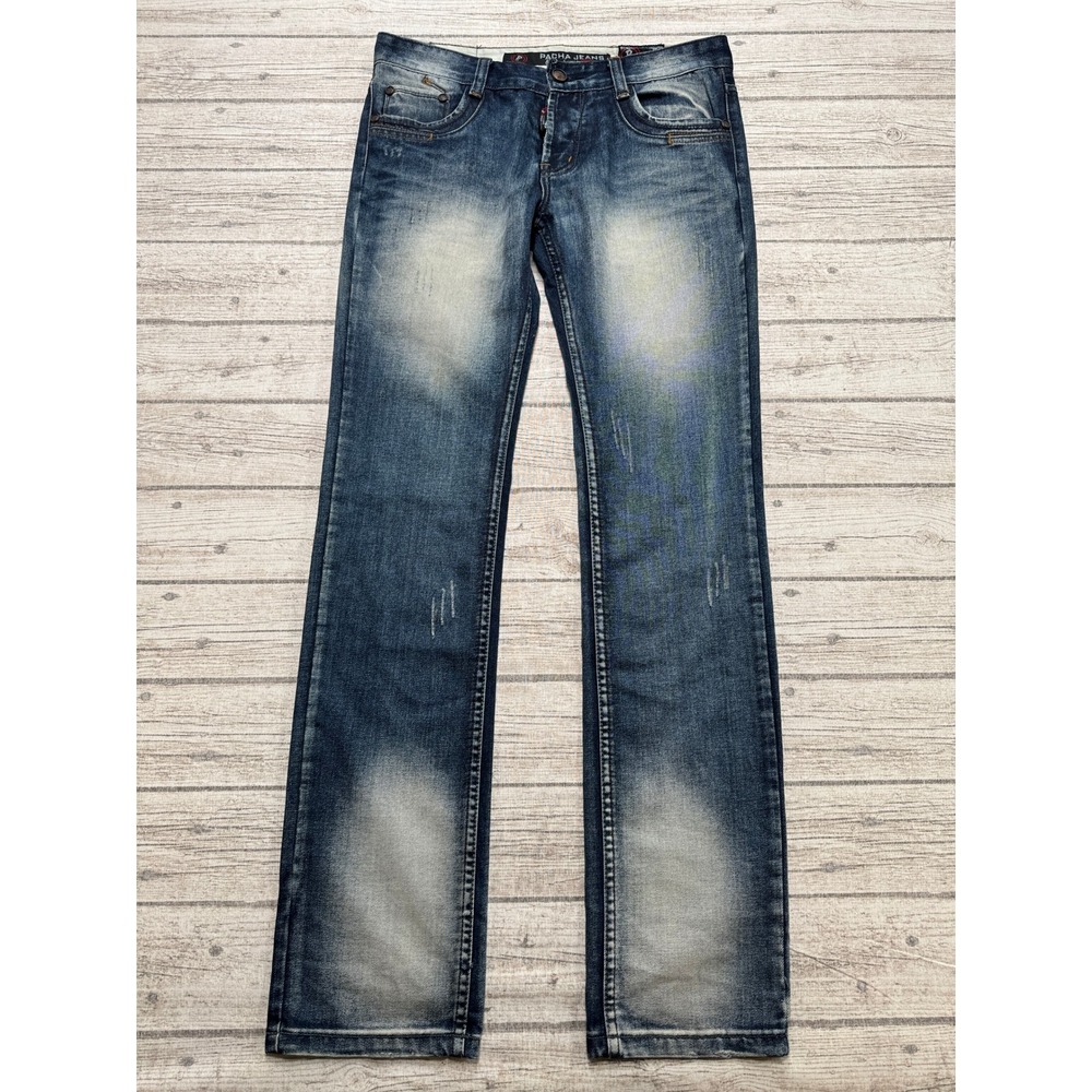 Pacha Jeans Men's 32 Blue Denim Medium Wash Button Fly Straight Leg Whiskered